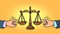 corrupt court concept. Politicians influence the judge. scales of justice, a symbol of judicial power and an honest Royalty Free Stock Photo