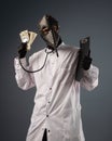 a corrupt doctor in a bathrobe and a plague doctor mask with a wad of money in his hands