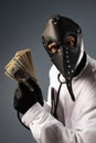 a corrupt doctor in a bathrobe and a plague doctor mask with a wad of money in his hands