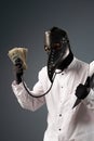 a corrupt doctor in a bathrobe and a plague doctor mask with a wad of money in his hands