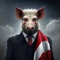 Corrupt politician, pig with evil smile, Generative AI