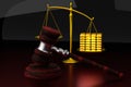 Corruption in court concept. Judicial scales and gavel. Gold bars outweigh justice. 3d render