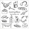 Corruption hand drawn doodle set. Sketches. Vector illustration for design and packages product. Symbol collection