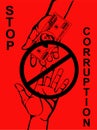 Corruption. Hand Keeps money dollars. Vector. Poster on red back