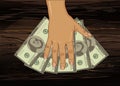 Corruption. Hand Keeps money dollars. Vector on wooden background
