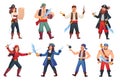 Corsairs characters. Cartoon pirates character, people in pirate costume corsair captain with hook hand sea rover happy