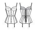 Corselette bustier Marry Widow lingerie technical fashion illustration with molded cup, back laced, attached garters.