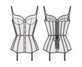 Corselette bustier Marry Widow lingerie technical fashion illustration with molded cup, back laced, attached garters.