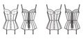 Corselette bustier Marry Widow lingerie technical fashion illustration with molded cup, back laced, attached garters