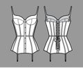 Corselette bustier Marry Widow lingerie technical fashion illustration with molded cup, back laced, attached garters.