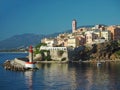 Corsica Bastia port view from sea on harbor with red lighthous c