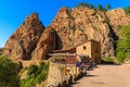 CORSICA ISLAND, FRANCE - JUN 26, 2015: motorcycles parked in front of restaurant in Calanches de Piana which is a nature reserve