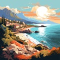 Corsica, France, Colorful Vector Drawing