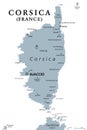 Corsica, gray political map, French island north of Sardinia