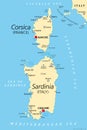 Corsica and Sardinia, French and Italian islands, political map.