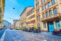 Corso Magenta is one of the main streets in central district with historic mansions along it, on April 11 in Milan, Italy