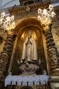 Sculpture of the Virgin Mary on the Divino Salvador church in the magical Andalusian town of Cortegana, Huelva, Spain