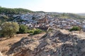 White houses of the magical Andalusian town of Cortegana, Huelva, Spain with Divino Salvador church seen from the castle