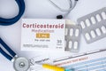 Corticosteroid medication or drug concept photo. On doctor table lies open packaging labeled `Corticosteroid medication` and fell