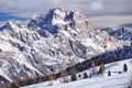Cortina Ampezzo ski resort mountains covered in snow at suns