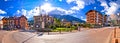 Cortina D` Ampezzo street and Alps peaks panoramic view Royalty Free Stock Photo