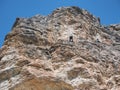 Cortina, Italy. Amazing view of the climbers on the walls of the famous rocks of the 5 towers. Extreme climbing