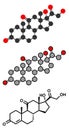 Cortisone stress hormone molecule. Stylized 2D renderings and conventional skeletal formula.