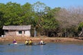 CORUMBA, MATO GROSSO, BRAZIL, JULY 23, 2018: Traditional indigenous fishermen in boat on Rio Paraguay river, Pantanal