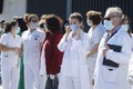 A Coruna-Spain.Healthcare workers dealing with the new coronavirus crisis applaud in return as they are cheered on by Civil Guard