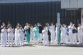 A Coruna-Spain.Healthcare workers dealing with the new coronavirus crisis applaud in return as they are cheered on by Civil Guard