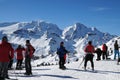 Corvara, February 2009: skiers at Piz BoÃÂ¨ in Val Badia in front of Marmolada group, South Tyrol. Italy