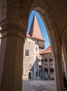 Corvin castle interior courtyard view of medieval tower in Hunedoara Romania.