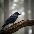 Corvus corax perched on a textured tree branch against a blurred forest Royalty Free Stock Photo