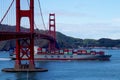 Cosco cargo ship passes beneath the Golden Gate bridge in San Fransisco
