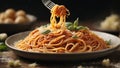 Close-up shot of a fork lifting a delicious twirl of classic spaghetti from a plate