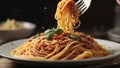 Close-up shot of a fork lifting a delicious twirl of classic spaghetti from a plate