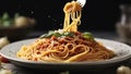 Close-up shot of a fork lifting a delicious twirl of classic spaghetti from a plate