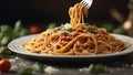 Close-up shot of a fork lifting a delicious twirl of classic spaghetti from a plate