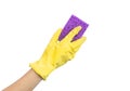 Coseup of female hand in protective rubber glove holding purple cleaning sponge, isolated on a white background photo Royalty Free Stock Photo