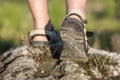 Coseup of sport shoes on trail walking mountains, outdoors ac Royalty Free Stock Photo