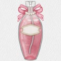 Perfume bottle luxury glass or crystal perfume bottle with ribbon pink color decorated with pearls,hand drawn. Royalty Free Stock Photo