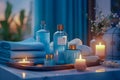 cosmetic accessories for spa treatments. Blue towels, jars of massage oil and a chamomile flower. The concept of rest