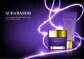 Cosmetic ad, container cream and sparkling line on dark background