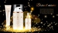 Cosmetic ad poster. Advertising shine background with cosmetic bottles and golden sparkles. Vector realistic packaging