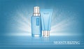 Cosmetic ad template, skincare set with small glitter light and blue concentric water