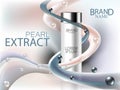 Cosmetic ads, Black and white pearls extract with cosmetic bottle and waves of cream. Face care, body care and skin cosmetic.