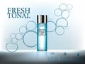 Cosmetic ads, 3d premium cosmetic bottles gel with water bubbles on abstract blue surface background. Royalty Free Stock Photo