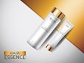 Cosmetic ads, 3d premium white cosmetic bottles with gold cup on abstract gold and silver surface background Royalty Free Stock Photo