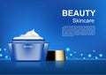 Cosmetic ads, opened cream with blue wisps Royalty Free Stock Photo