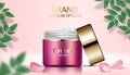 Cosmetic ads template realistic 3D illustration skincare moisturizing mockup elegant pink background with green leaves